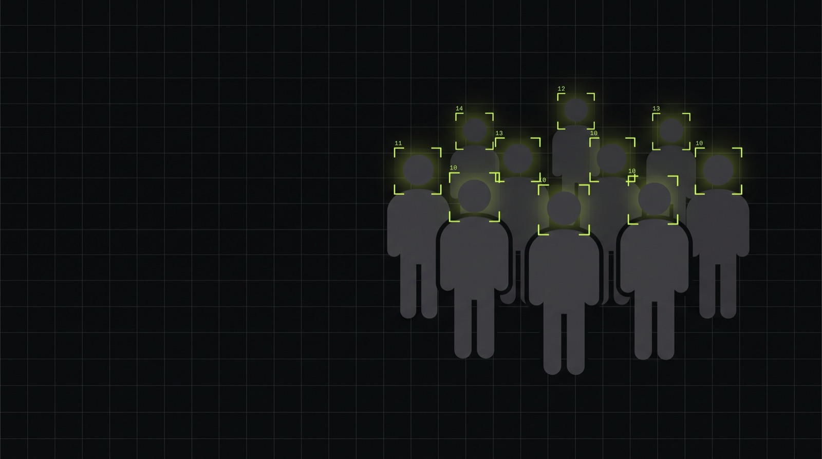 Abstracte illustratie van een groep grijze silhouetten, elk gemarkeerd met een groen detectiekader